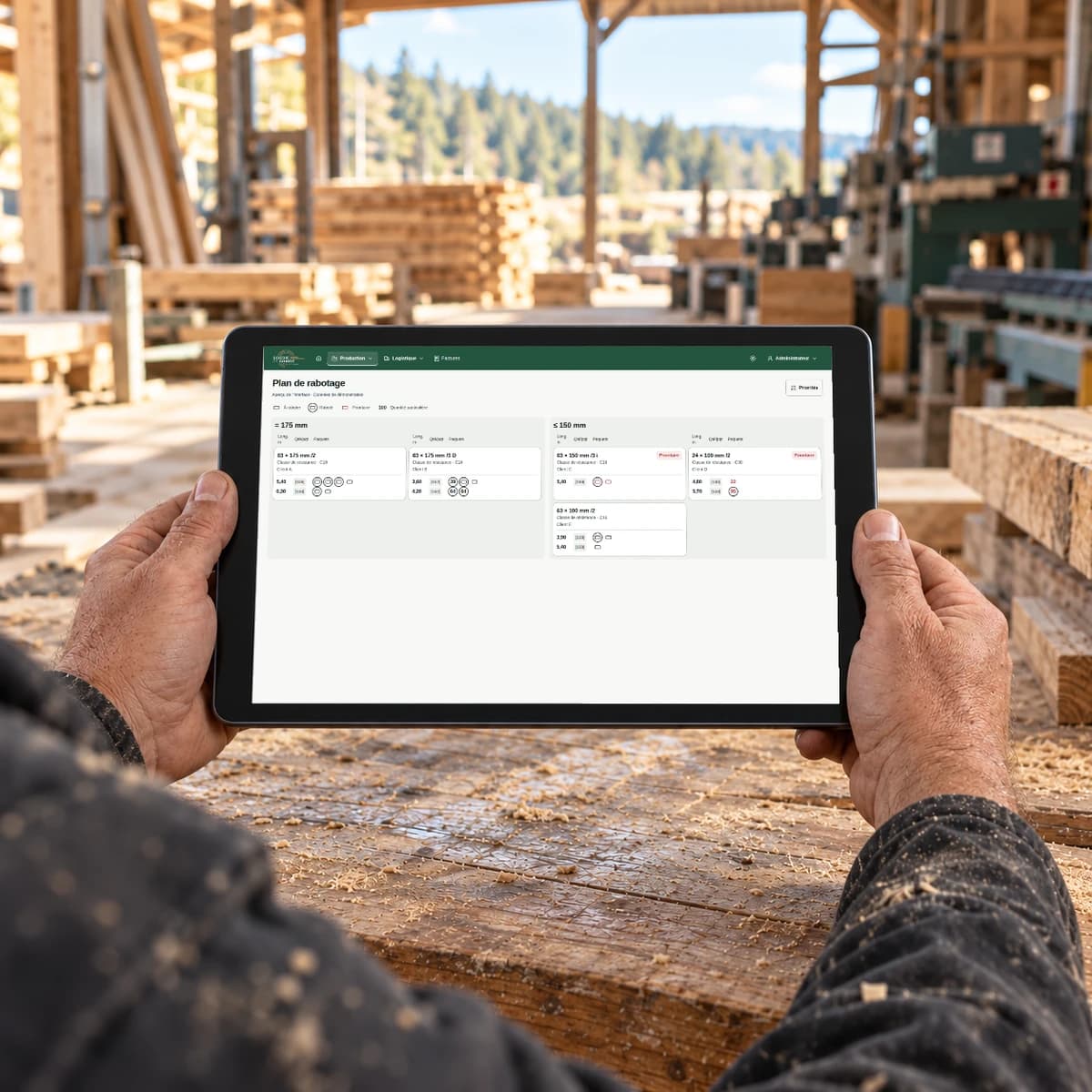 Mise en scène d’un ouvrier avec le plan de rabotage Scierie de Graide sur tablette, données de démonstration